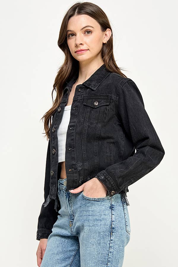 Ladies'  Cropcut Denim Jacket with Distressed