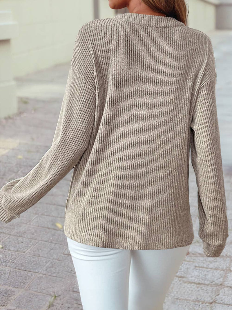 Ribbed Texture Drop Shoulder Henley Knit Top