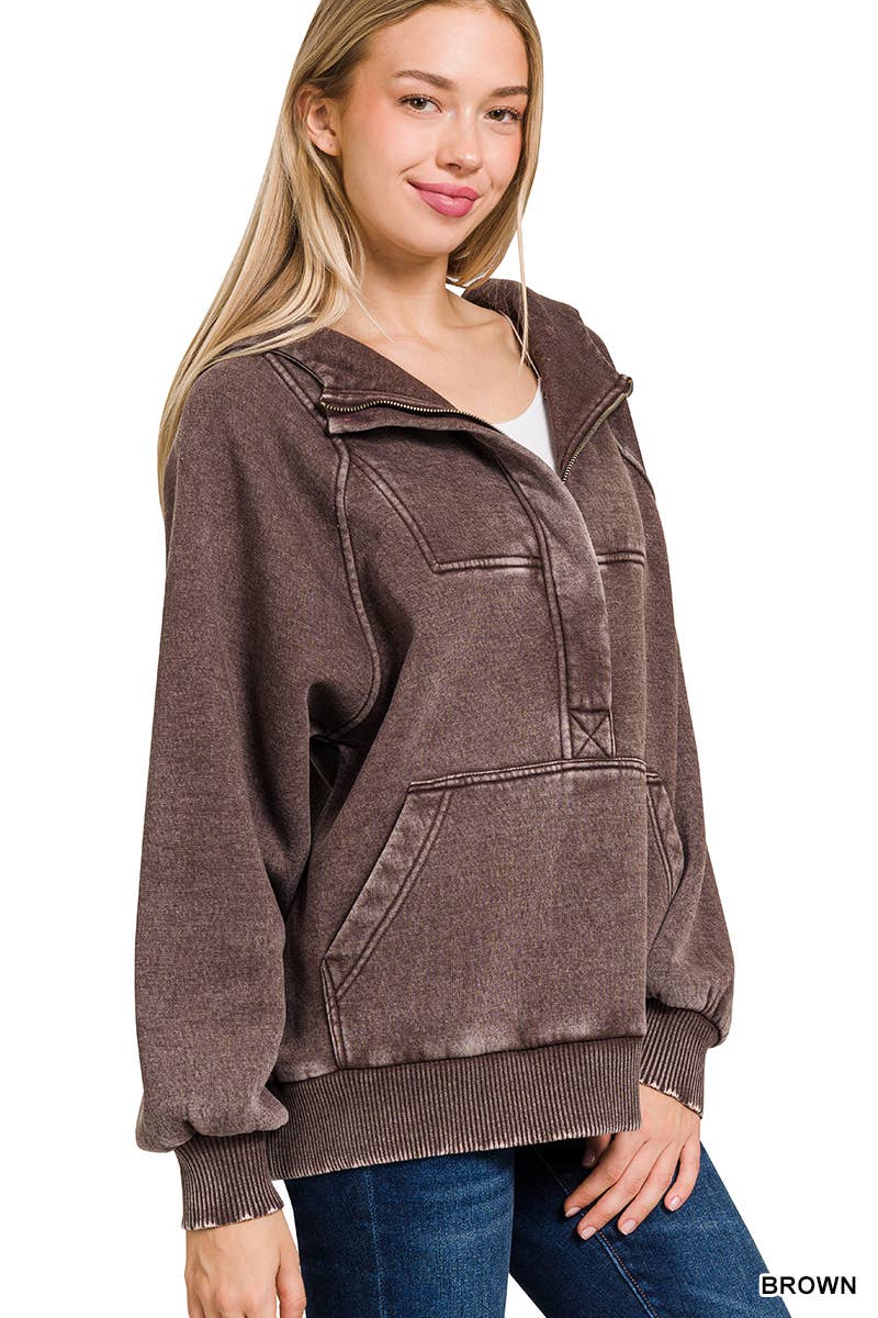 Acid Wash Fleece Oversized 1/4 Zip Kangaroo Hoodie: Multiple colors