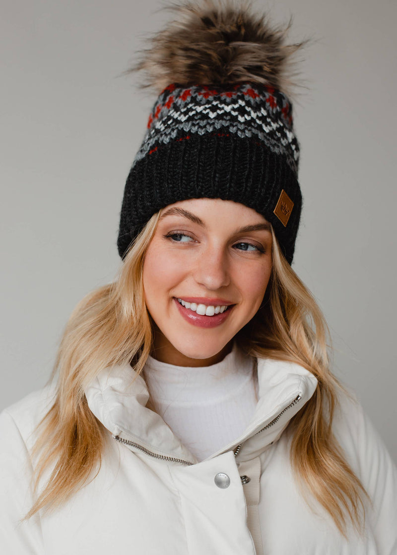 Dk. Gray, Red & White Winter Pattern Pom Hat