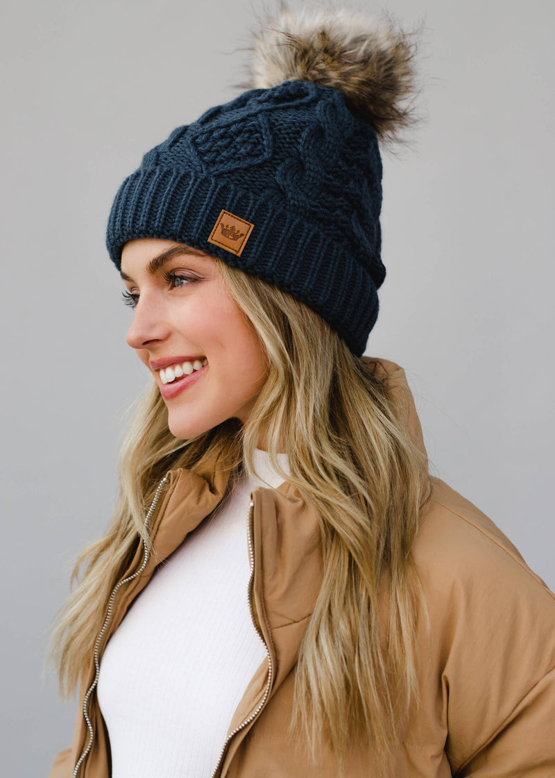 Steel Blue Cable Knit Pom Hat