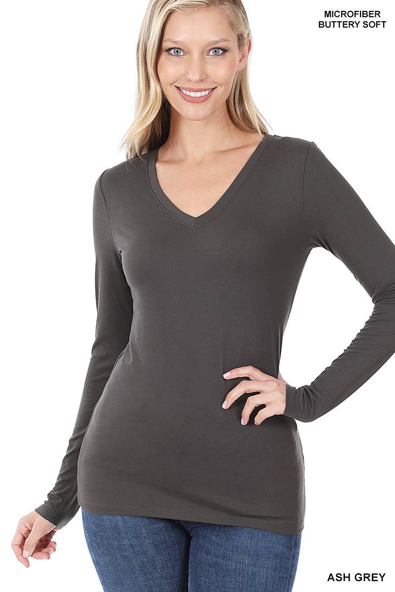 Brushed Microfiber Long Sleeve V-neck Tee