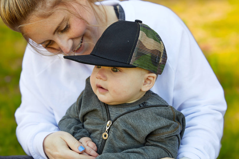 Flat Brim Trucker Hat - Black W/ Camo Mesh