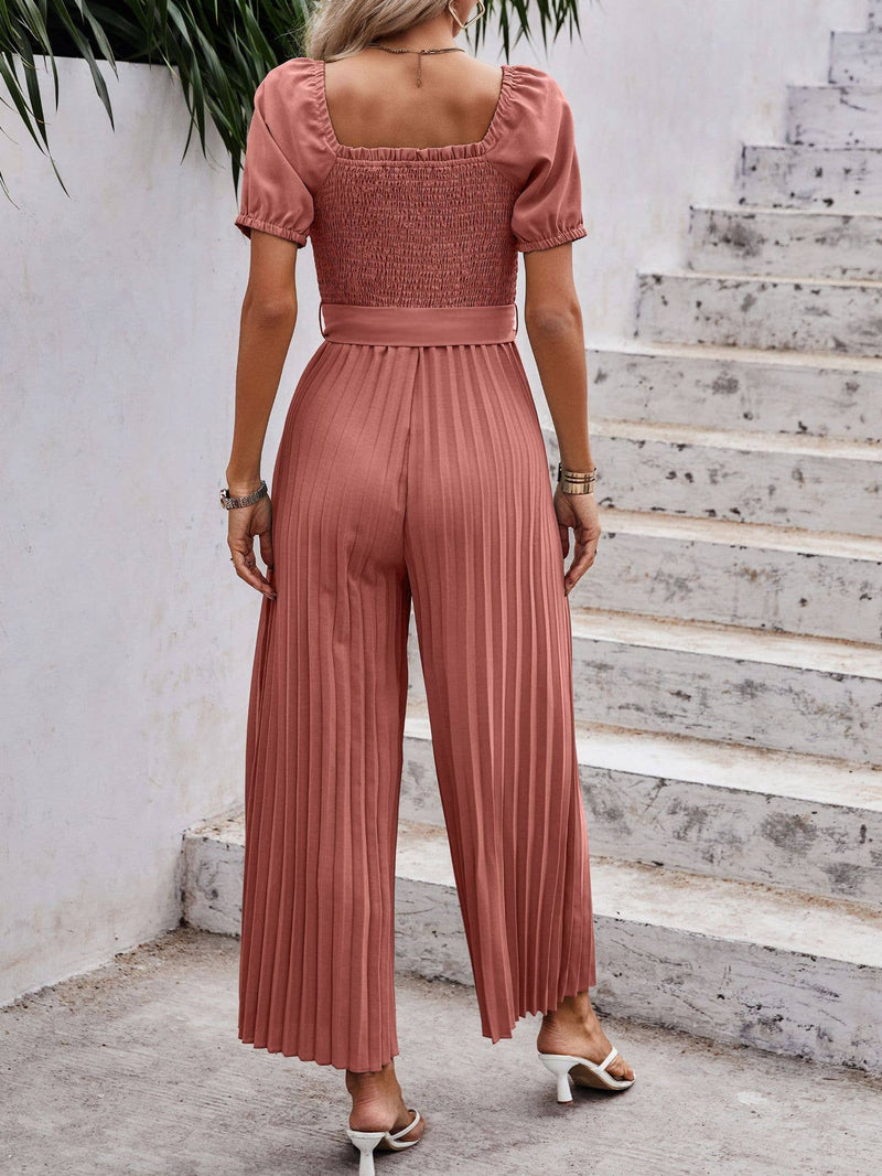Smocked Pleated Belted Jumpsuit