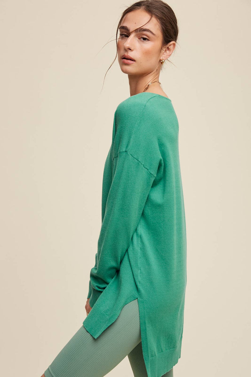 Slit Hem V-Neck Knit Tunic Sweater