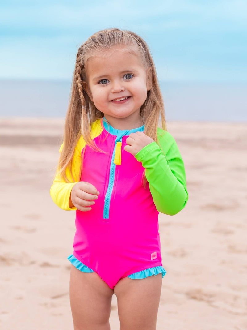 Girls Neon Color Block Long Sleeve One Piece Rash Guard Swimsuit