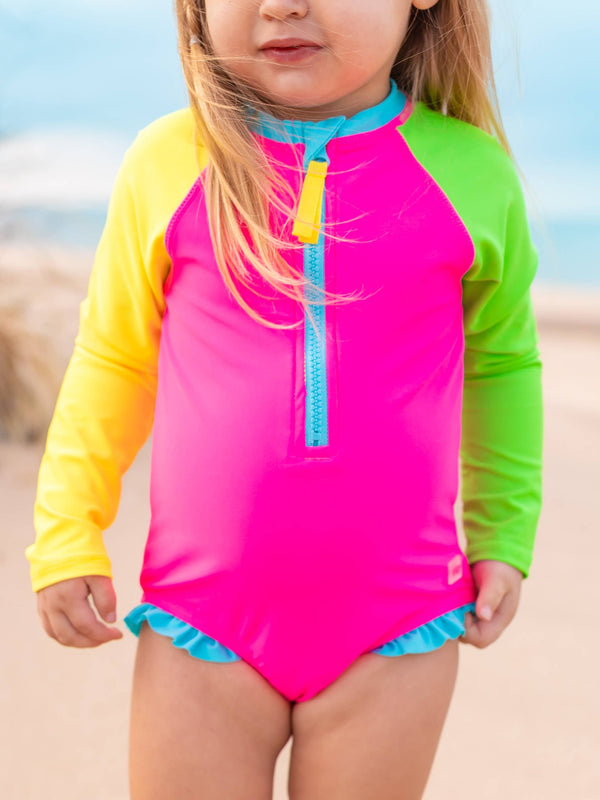 Girls Neon Color Block Long Sleeve One Piece Rash Guard Swimsuit