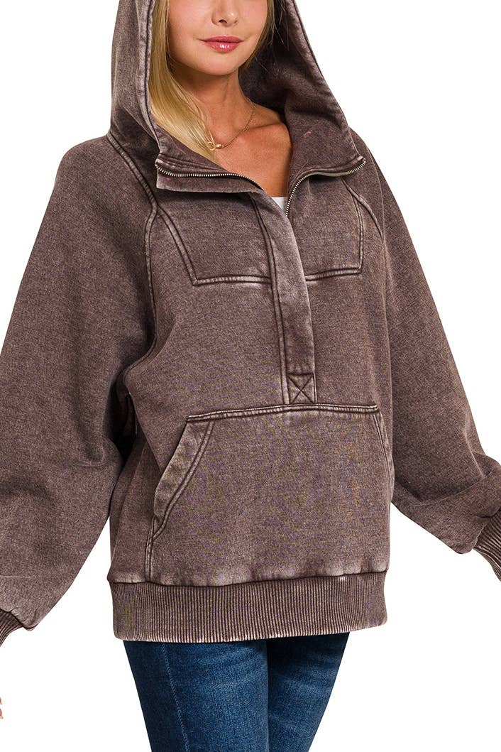 Acid Wash Fleece Oversized 1/4 Zip Kangaroo Hoodie: Multiple colors