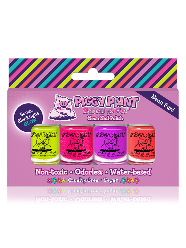 Piggy Paint neon nail polish set packaging with four bottles on a white background