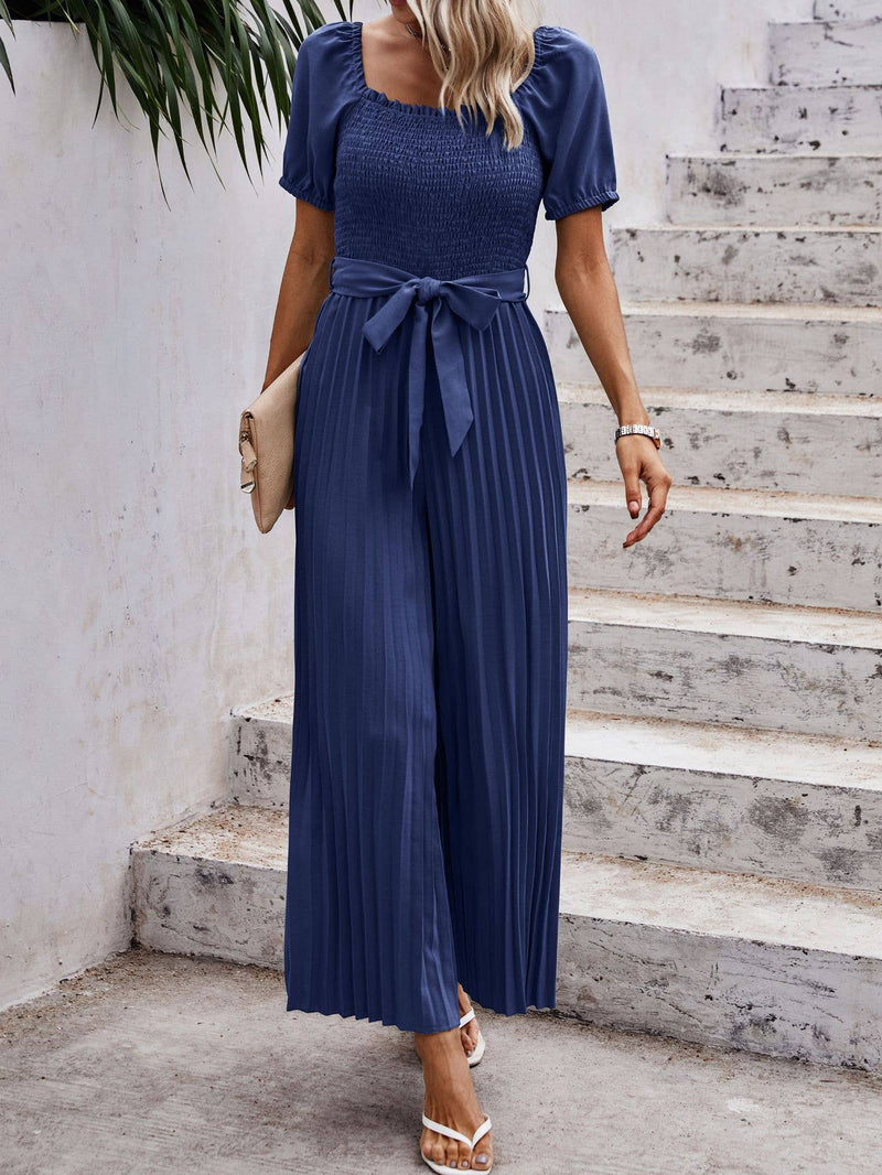 Smocked Pleated Belted Jumpsuit