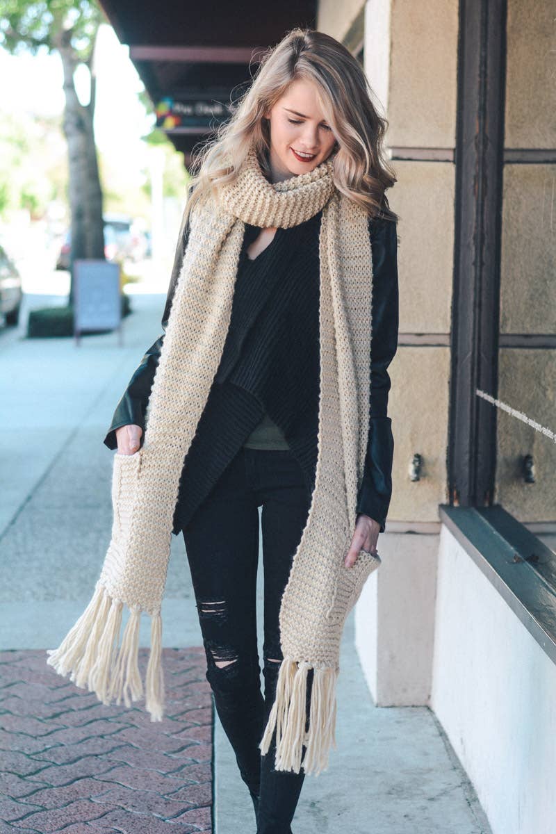 Oversized Two Pocket Tassel Scarf- Gray