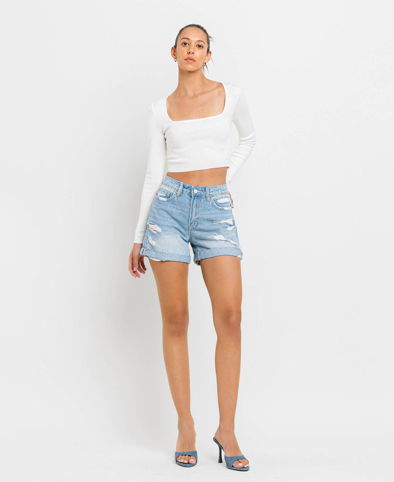 Mid Rise Double Cuff Boyfriend Shorts