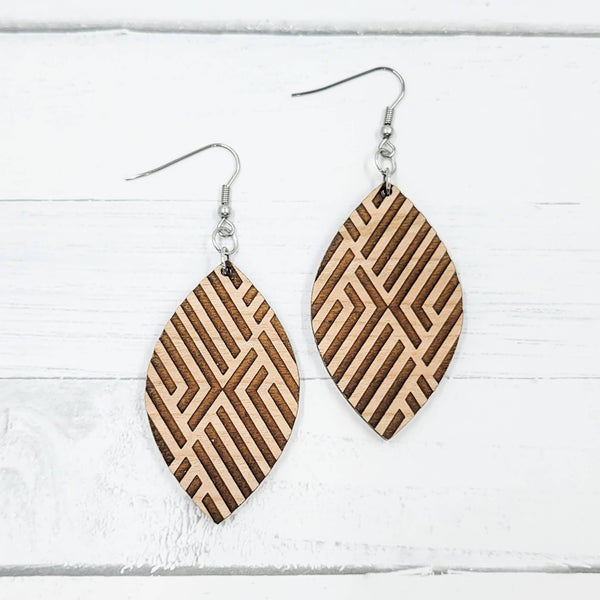 Geometric Engraved Pointed Petal Wooden Dangle Earrings