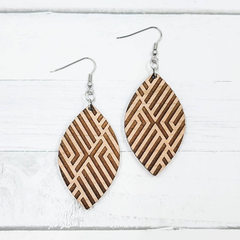 Geometric Engraved Pointed Petal Wooden Dangle Earrings