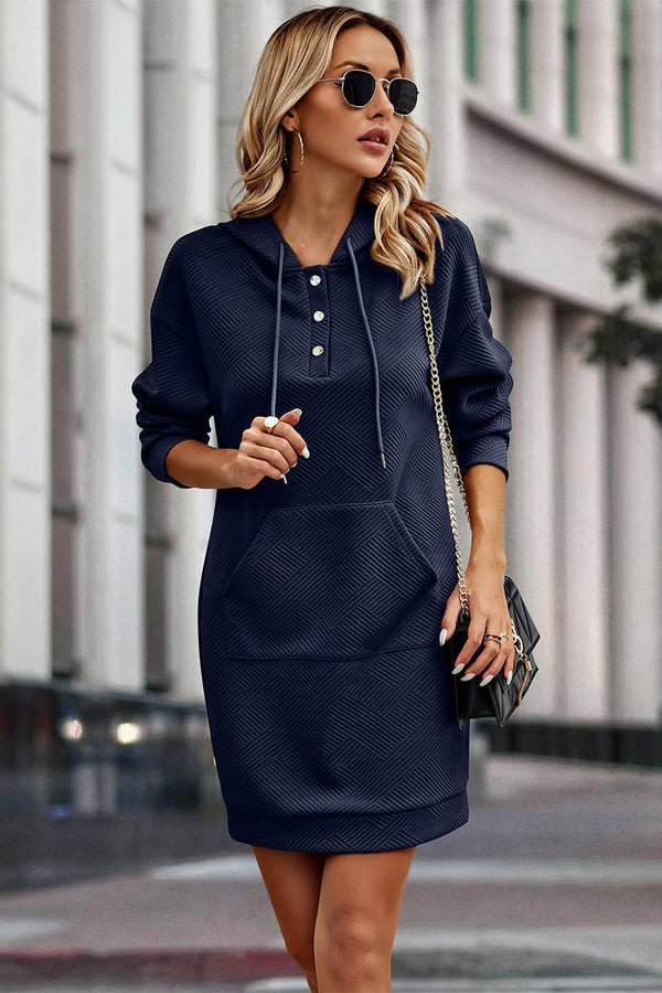 Textured Long Sleeve Henley Hoodie Dress