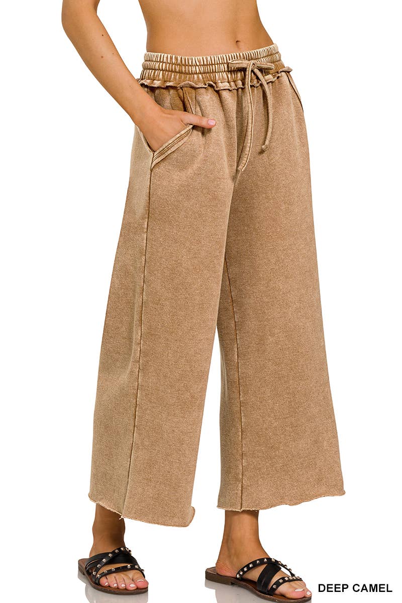 Acid Wash Fleece Palazzo Sweatpants With Pockets: Rust