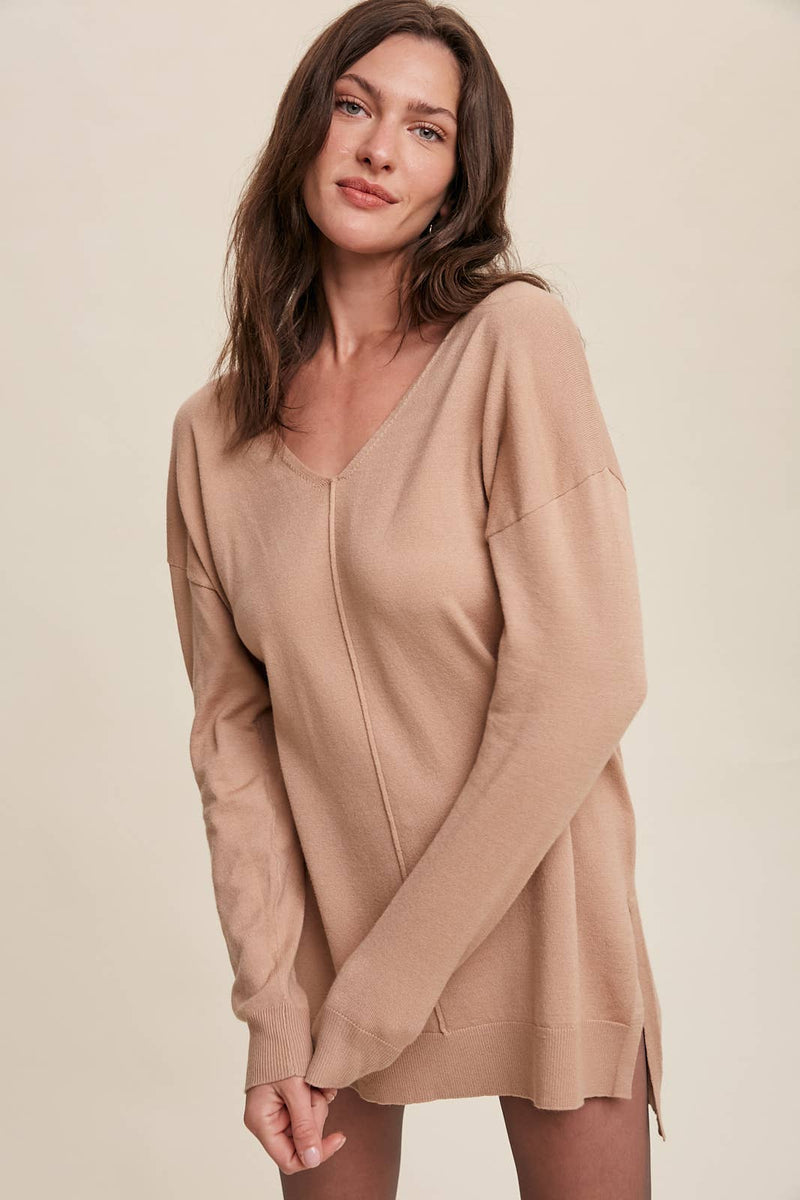 Slit Hem V-Neck Knit Tunic Sweater