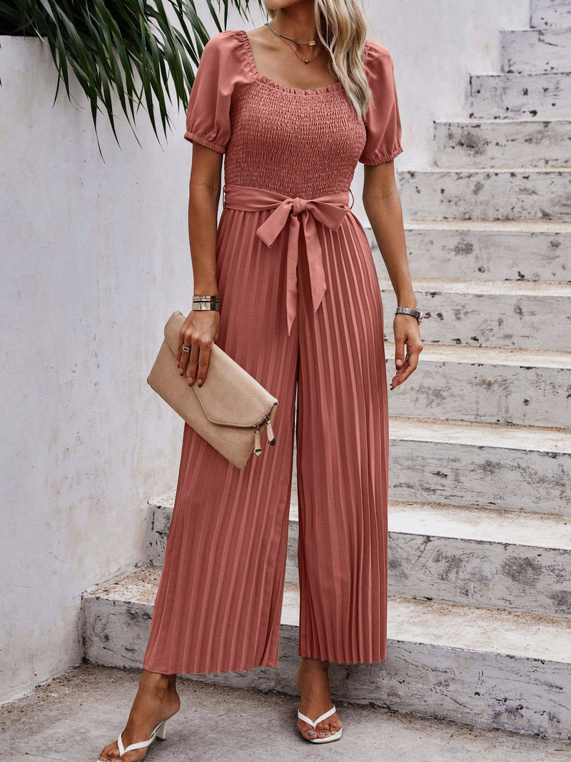 Smocked Pleated Belted Jumpsuit