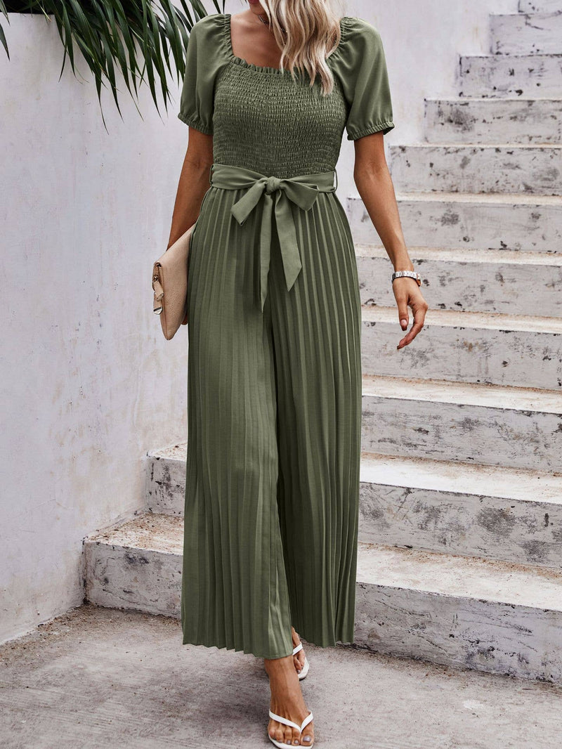 Smocked Pleated Belted Jumpsuit
