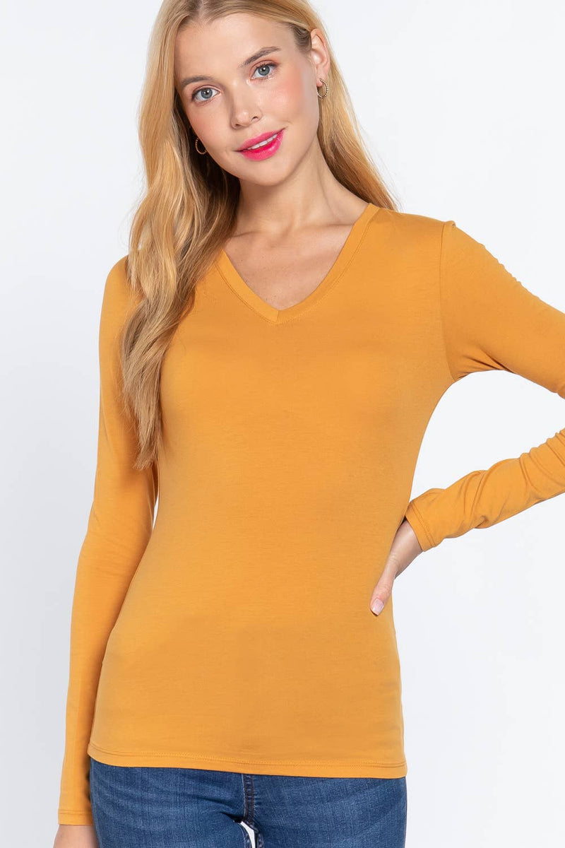 Basic Solid Long Sleeve V Neck Top- White