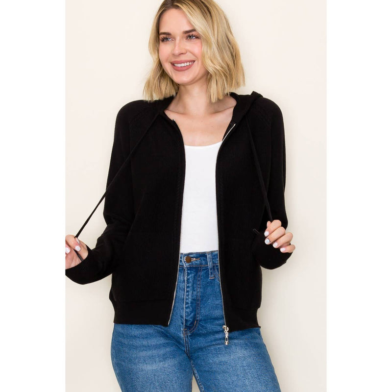 ZIP UP WAFFLE TEXTURED HOODIE JACKET