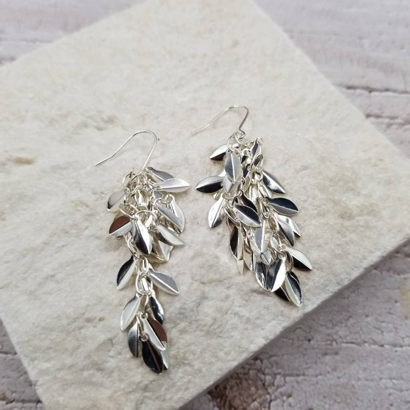 Stacked Silver Leaf Tassel Earrings
