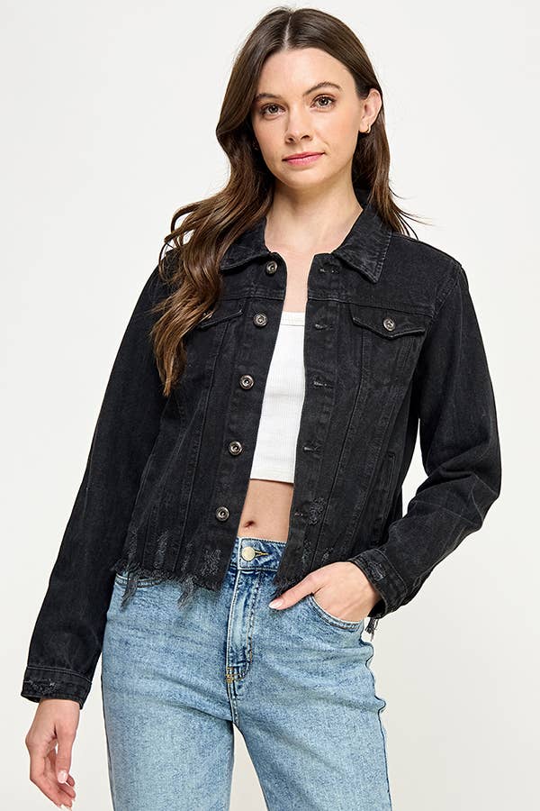 Ladies'  Cropcut Denim Jacket with Distressed