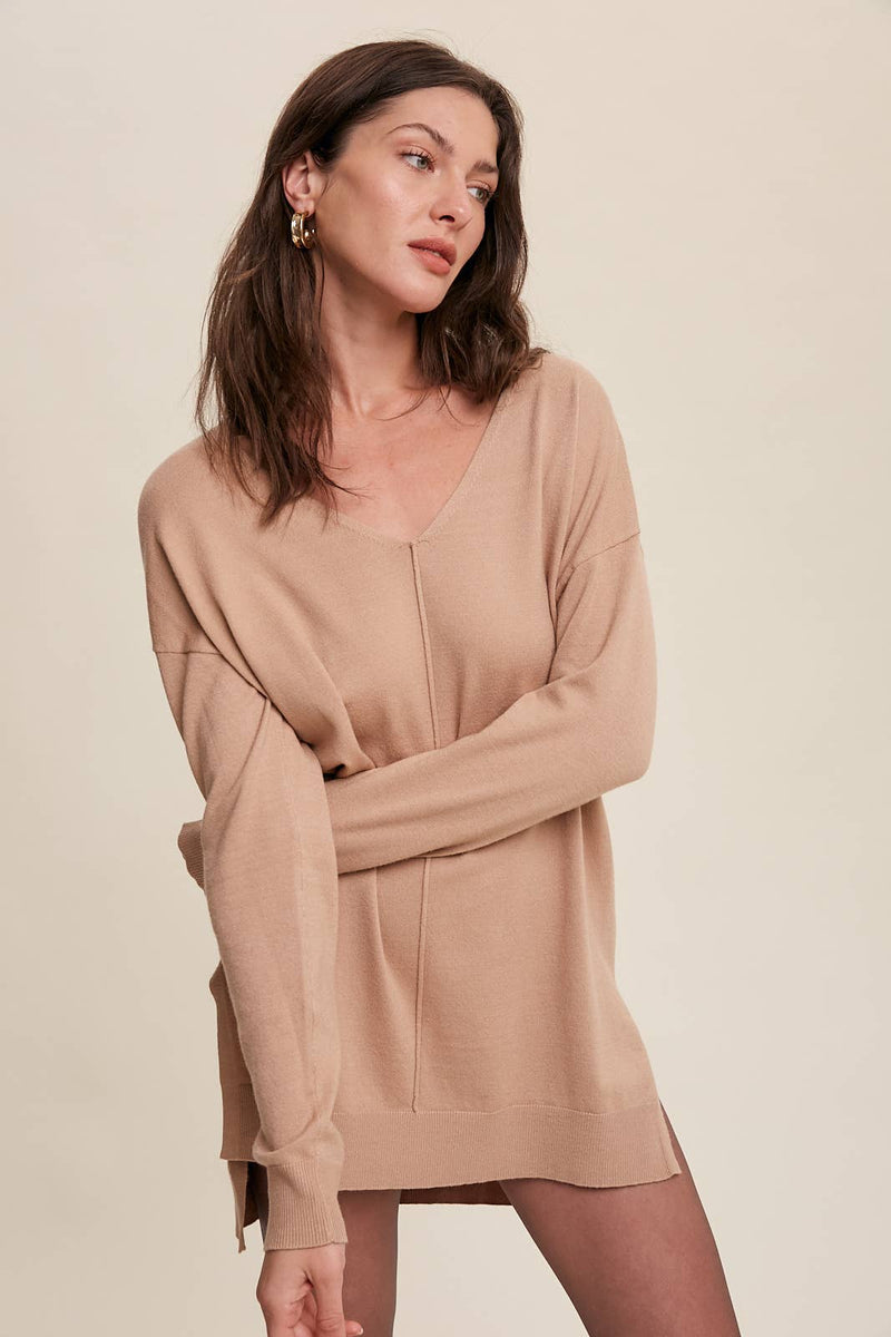 Slit Hem V-Neck Knit Tunic Sweater