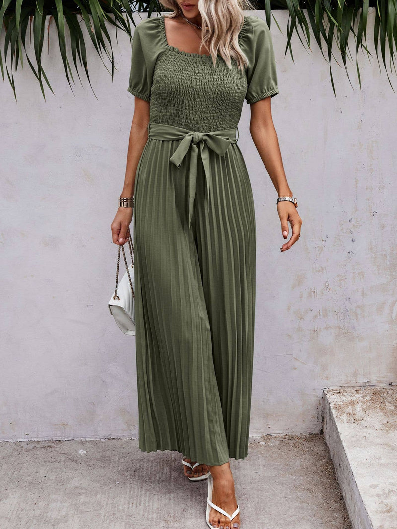 Smocked Pleated Belted Jumpsuit