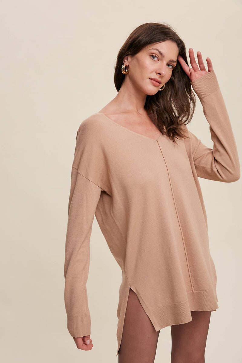 Slit Hem V-Neck Knit Tunic Sweater
