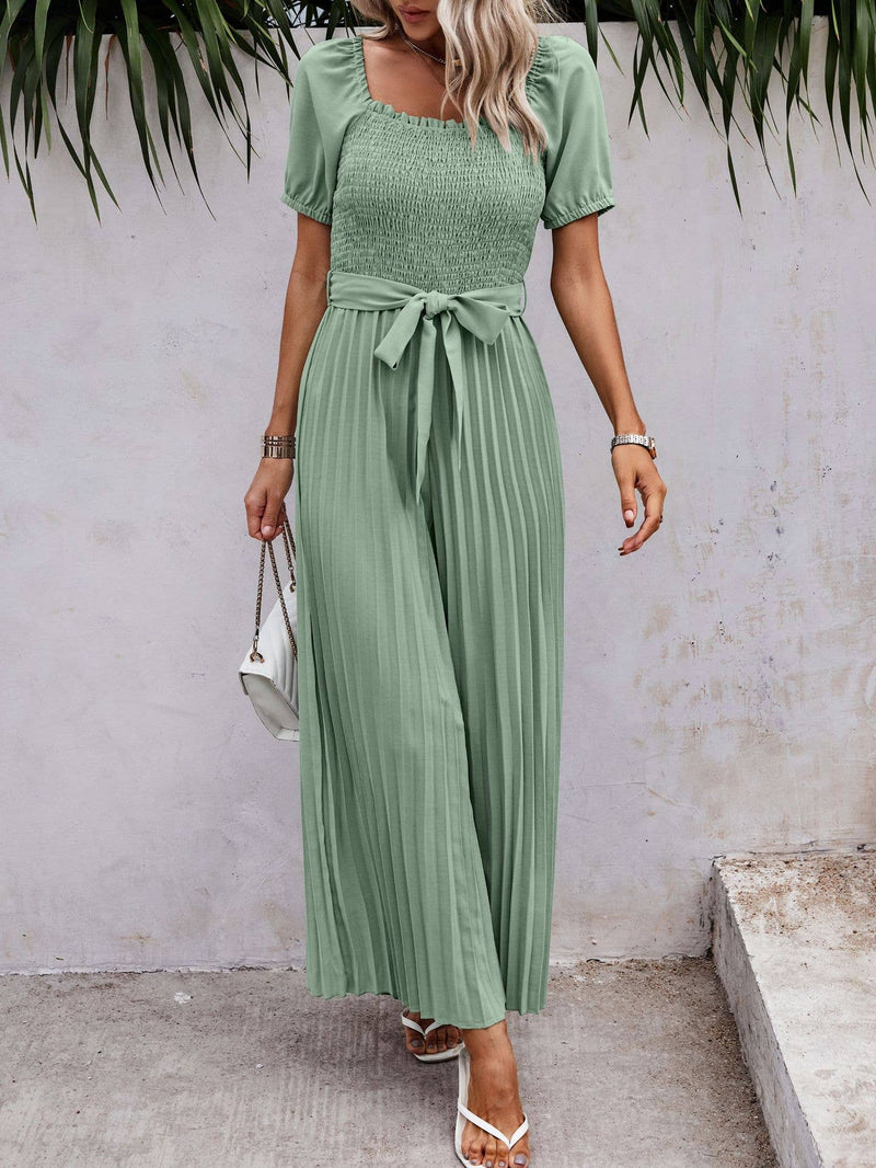 Smocked Pleated Belted Jumpsuit