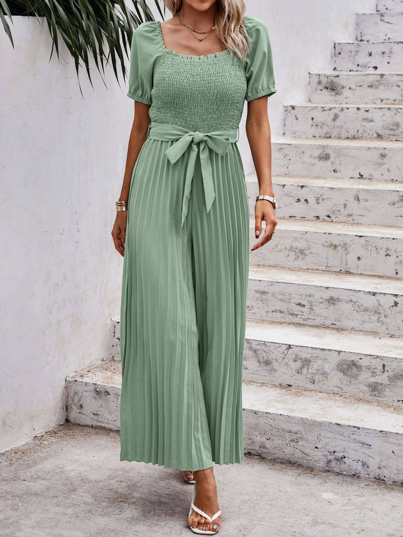 Smocked Pleated Belted Jumpsuit