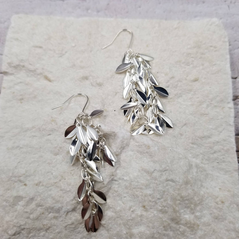Stacked Silver Leaf Tassel Earrings