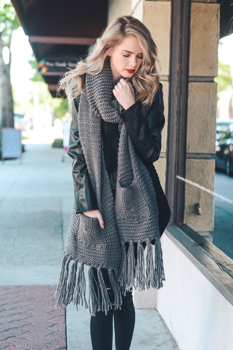 Tassel Grey Scarf with Pockets
