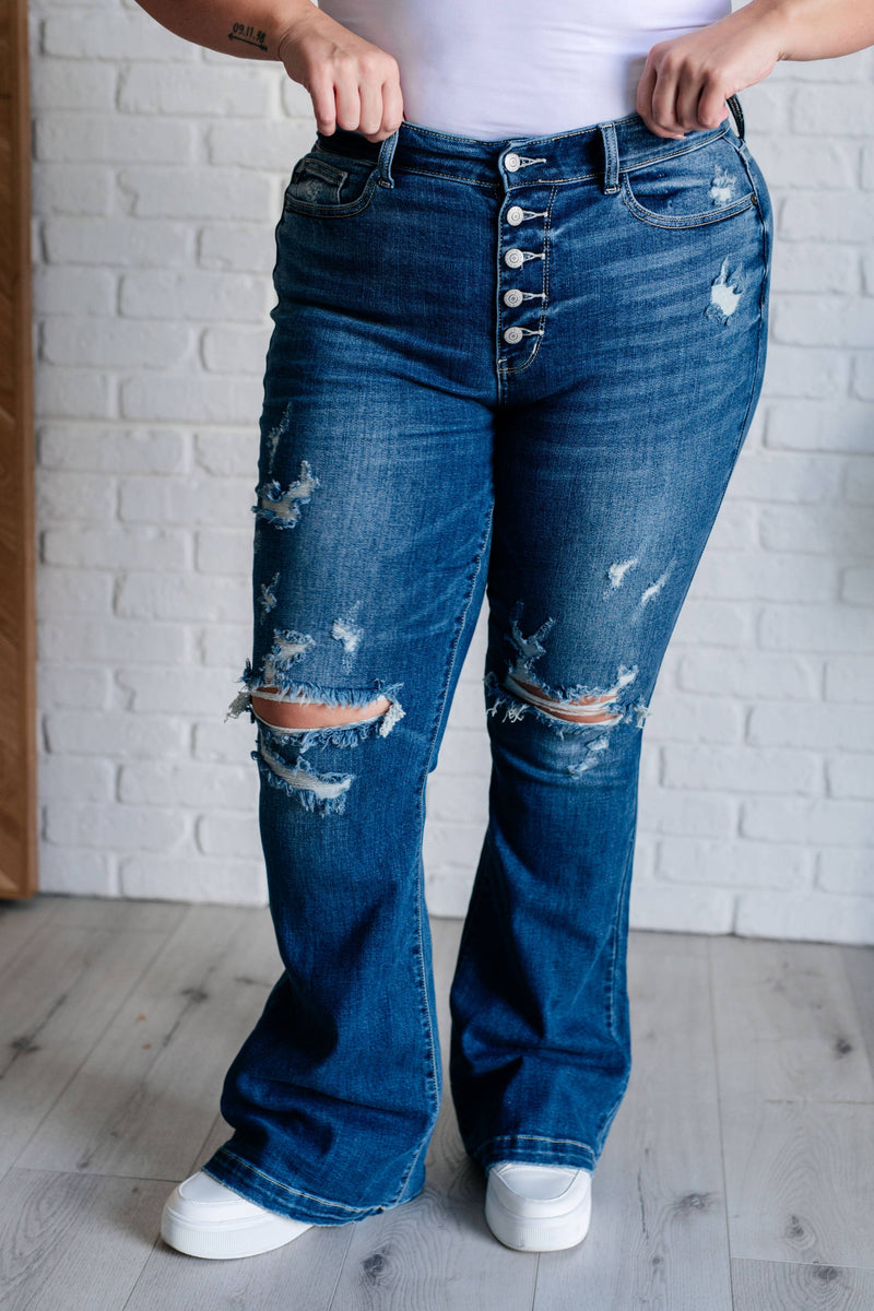 Judy Blue Mid Rise Distressed Button Fly Flare Jeans