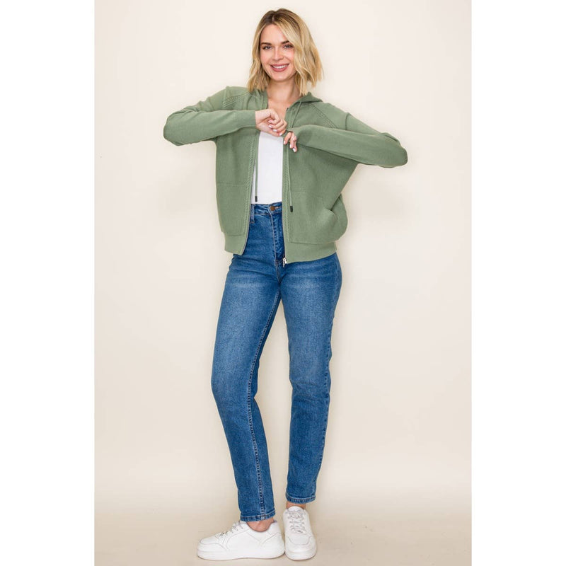ZIP UP WAFFLE TEXTURED HOODIE JACKET