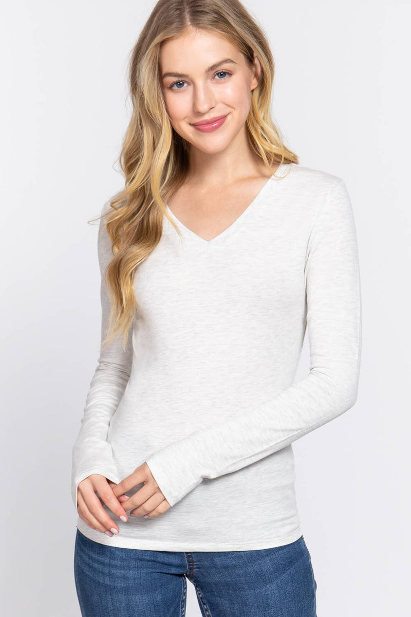 Basic Solid Long Sleeve V Neck Top- White