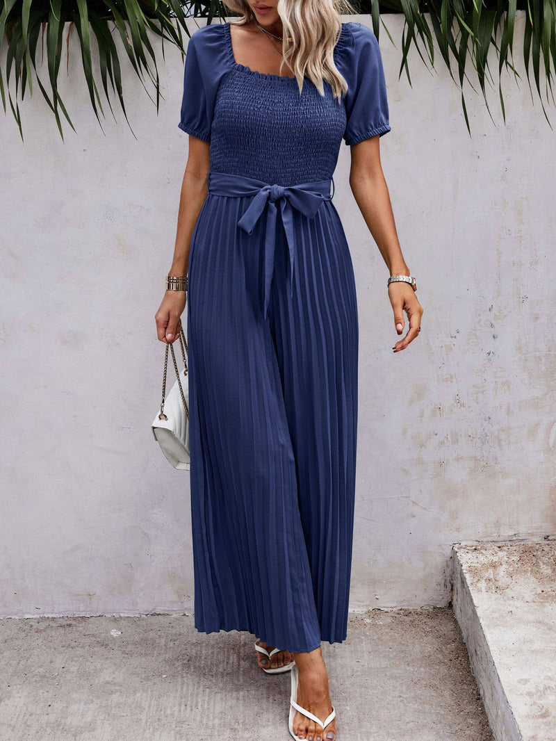 Smocked Pleated Belted Jumpsuit