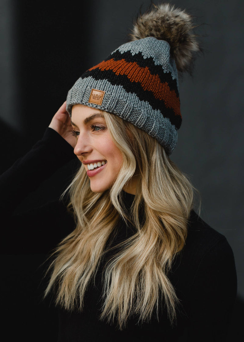 Gray, Charcoal & Rust Patterned Pom Hat