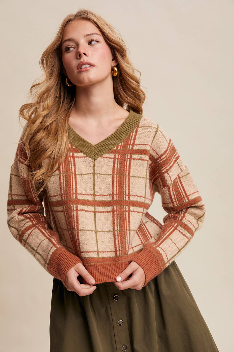 Plaid V-Neck Knit Sweater
