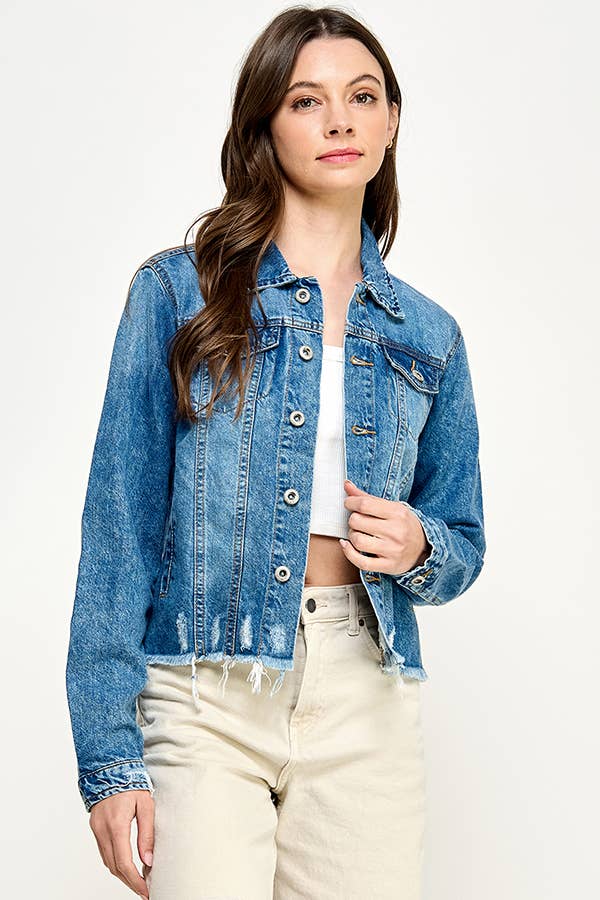 Ladies'  Cropcut Denim Jacket with Distressed