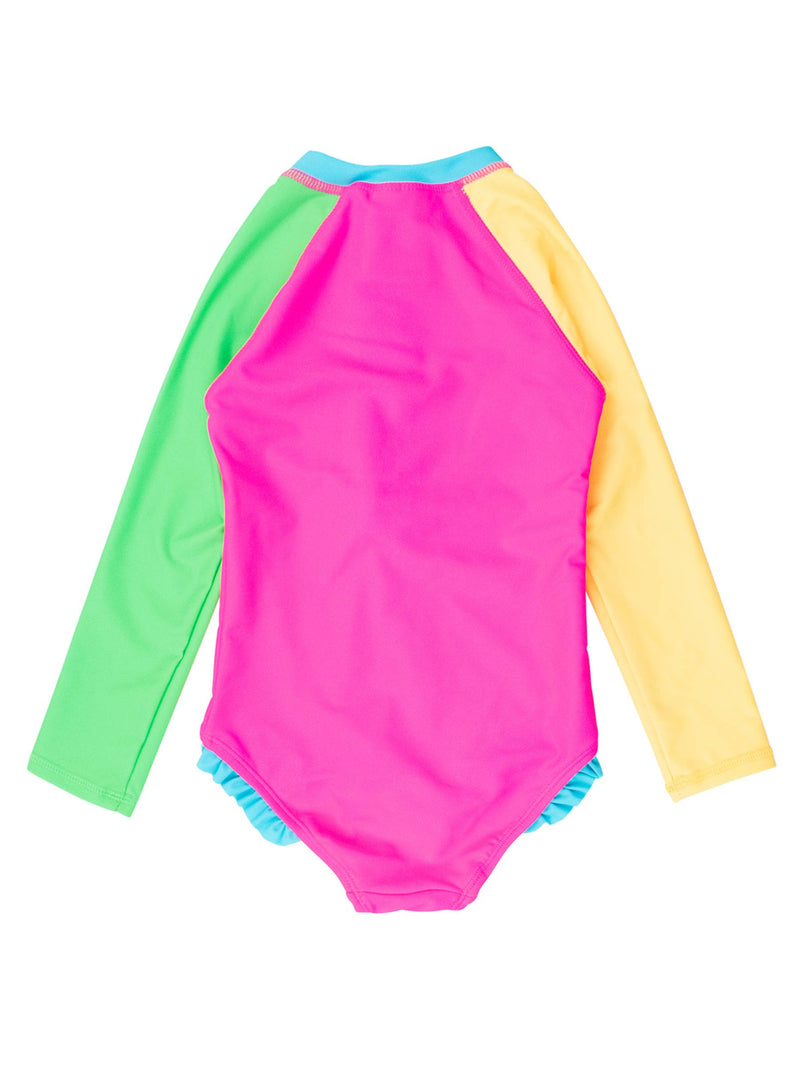 Girls Neon Color Block Long Sleeve One Piece Rash Guard Swimsuit