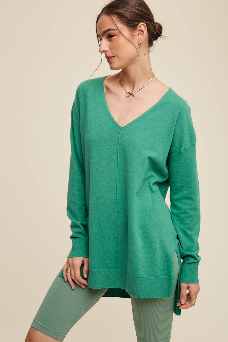 Slit Hem V-Neck Knit Tunic Sweater