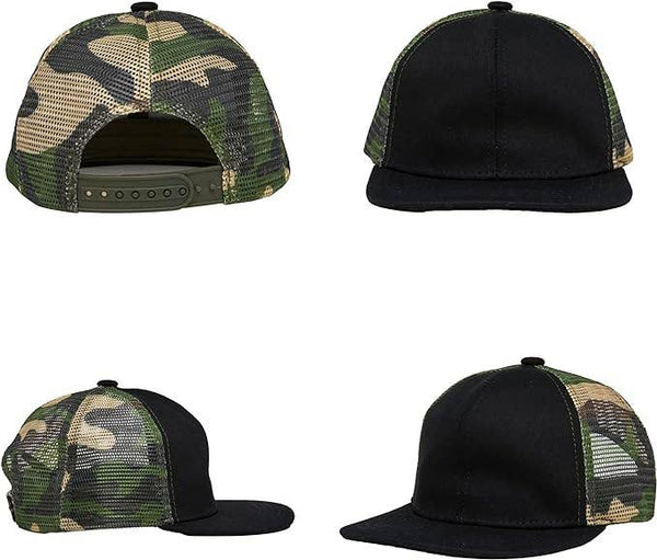 Flat Brim Trucker Hat - Black W/ Camo Mesh