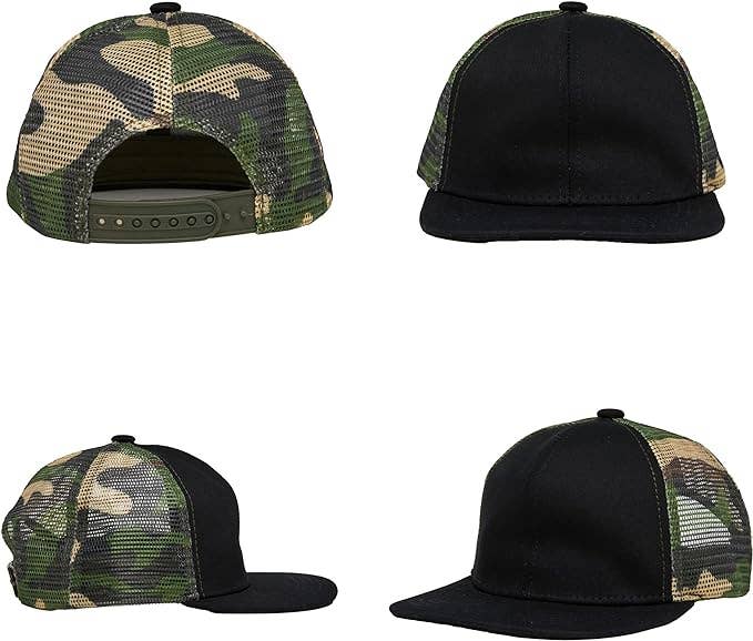 Flat Brim Trucker Hat - Black W/ Camo Mesh