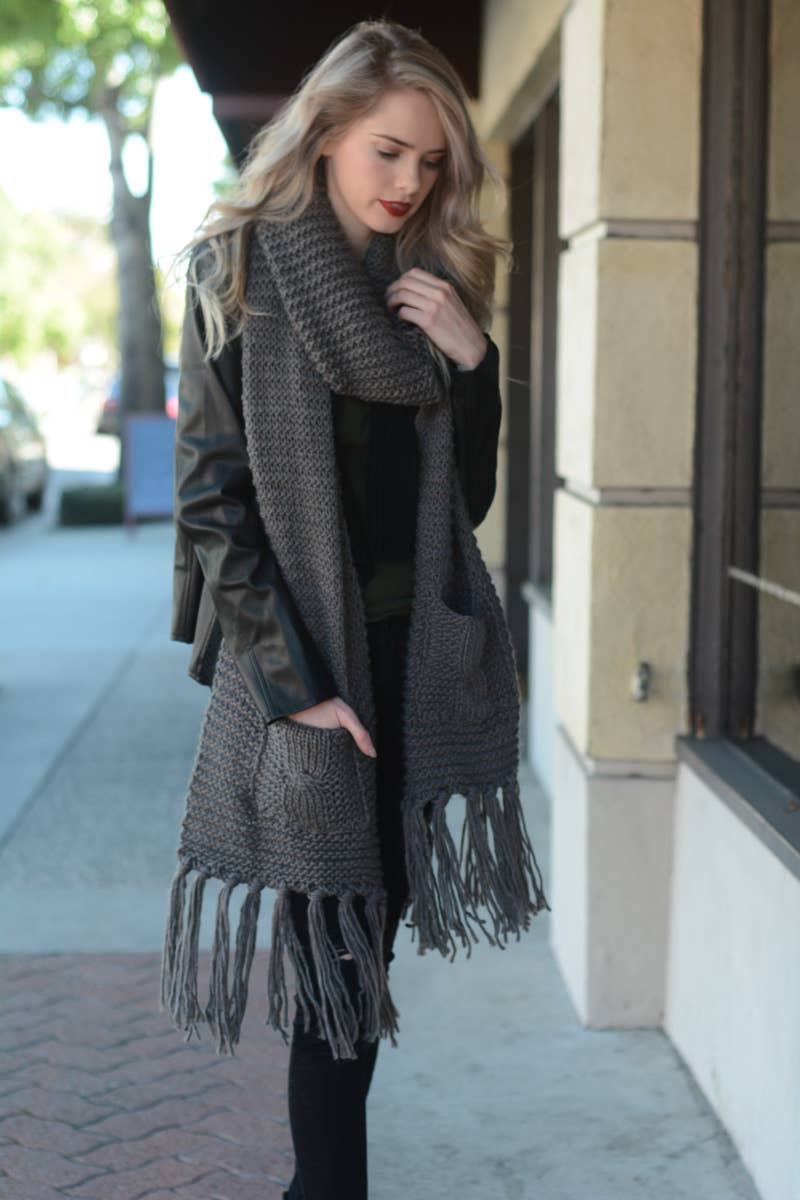 Oversized Two Pocket Tassel Scarf- Gray