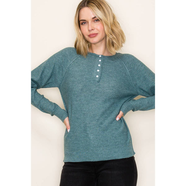 HENLEY BUTTON NECK PULLOVER SWEATER