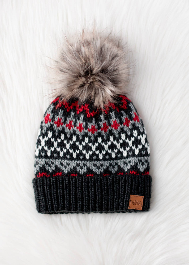 Dk. Gray, Red & White Winter Pattern Pom Hat