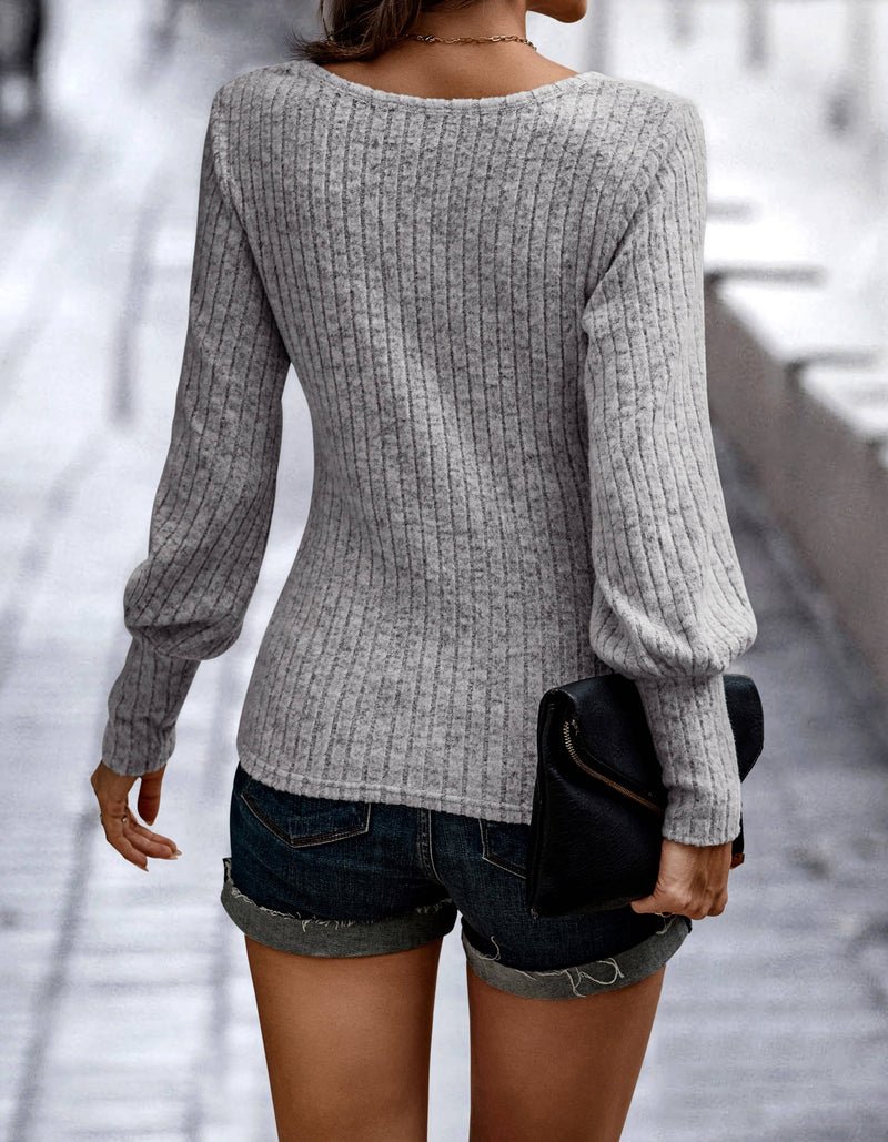 Soft Ribbed Knit Bishop Sleeve Top