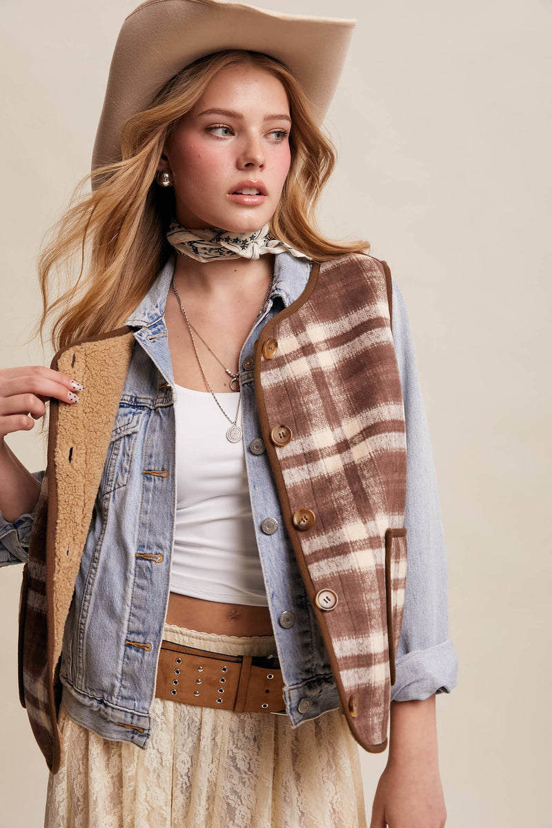 Riana eversible Plaid Sherpa Vest
